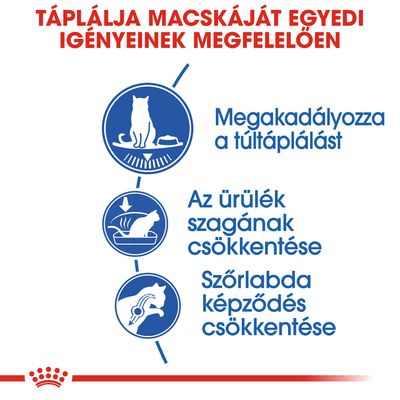 Táplálja macskáját egyedi igényeinek megfelelően: megakadályozza a túltáplálást, az ürülék szagának csökkentése, szőrlabda képződés csökkentése.