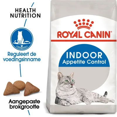 Royal Canin Indoor Appetite Control kattenvoer, tekst: Health Nutrition, Reguleert de voedingsinname, Aangepaste brokgrootte. Afbeelding van een kat en drie brokjes zichtbaar. Royal Canin Indoor Appetite Control kattenvoer, tekst: Health Nutrition, Reguleert de voedingsinname, Aangepaste brokgrootte. Afbeelding van een kat en drie brokjes zichtbaar.