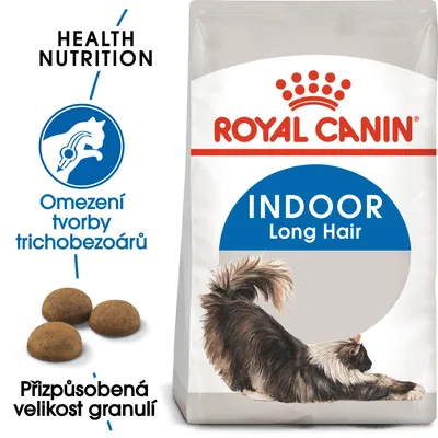 Royal Canin INDOOR Long Hair, omezení tvorby trichobezoárů, přizpůsobená velikost granulí, obrázek dlouhosrsté kočky a tři granule.