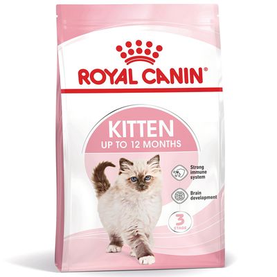 Royal Canin Kitten, fino a 12 mesi. Testo visibile: Strong immune system, Brain development, crocchette mostrate, Top Seller in alto a destra.