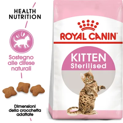 Royal Canin Kitten Sterilised, sostegno alle difese naturali, dimensioni della crocchetta adattate. Immagine di un gatto e crocchette visibili sulla confezione. Royal Canin Kitten Sterilised, sostegno alle difese naturali, dimensioni della crocchetta adattate. Immagine di un gatto e crocchette visibili sulla confezione.