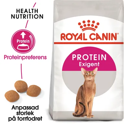 Royal Canin PROTEIN Exigent kattfoder, text: Health Nutrition, Proteinpreferens, Anpassad storlek på torrfodret. Bild på foderkulor och katt. Royal Canin PROTEIN Exigent kattfoder, text: Health Nutrition, Proteinpreferens, Anpassad storlek på torrfodret. Bild på foderkulor och katt.