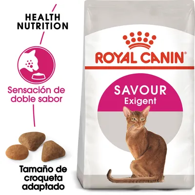 Royal Canin Savour Exigent para gatos. Sensación de doble sabor, tamaño de croqueta adaptado. Imagen de croquetas y gato en el envase. Health Nutrition visible.