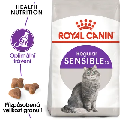 ROYAL CANIN Regular SENSIBLE 33, obrázek kočky, text: Health Nutrition, Optimální trávení, Přizpůsobená velikost granulí, zobrazené granule.