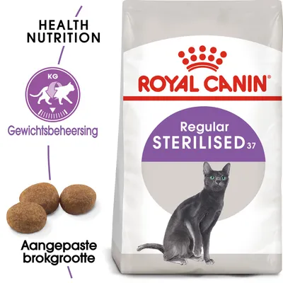 Royal Canin Regular Sterilised 37 kattenvoer, tekst: Health Nutrition, Gewichtsbeheersing, Aangepaste brokgrootte. Afbeelding van brokken en kat op de verpakking.