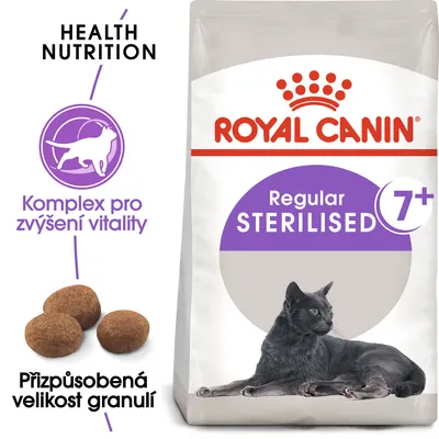 ROYAL CANIN Regular STERILISED 7+, Komplex pro zvýšení vitality, Přizpůsobená velikost granulí, obrázek černé kočky a tří granulí.