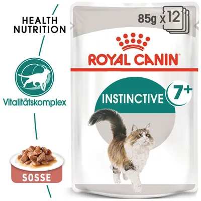 Royal Canin Instinctive 7+, sachet de 85 g x12, illustration de chat, texte visible : Health Nutrition, Vitalitätskomplex, Sosse.