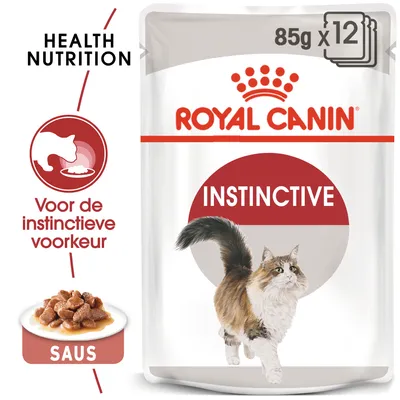 Royal Canin Instinctive kattenvoer in saus, 85g x12. Tekst: Health Nutrition, Voor de instinctieve voorkeur, SAUS. Afbeelding van kat en portie natvoer.