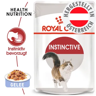 Royal Canin Instinctive, instinktiv bevorzugt, Gelee, hergestellt in Österreich, Health Nutrition, Abbildung einer Katze und Futterstückchen in Gelee.