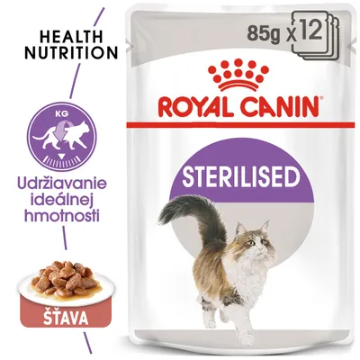 Royal Canin STERILISED, 85 g x 12. Udržiavanie ideálnej hmotnosti. Šťava. Obrázok mačky a porcie krmiva na tanieri.