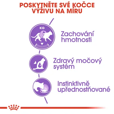 Poskytněte své kočce výživu na míru. Zachování hmotnosti, zdravý močový systém, instinktivně upřednostňované – tři hlavní benefity zobrazené ikonami.