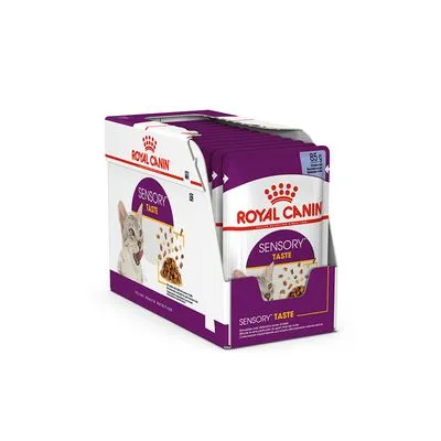 Royal Canin Sensory Taste kattenvoer, verpakking met meerdere zakjes van 85 g. Merknaam en productnaam duidelijk zichtbaar op doos en zakjes.