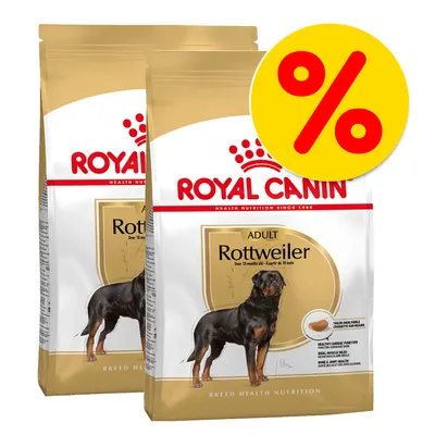 To poser Royal Canin Adult Rottweiler tørfoder med billede af hund og stor gul procenttegn, tekst: Over 18 months old. Breed Health Nutrition.