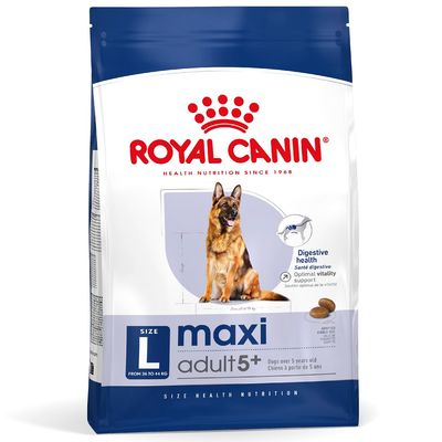 Royal Canin maxi adult 5+ tørfoder til store hunde, størrelse L, fra 26 til 44 kg. Billede af schæferhund på posen. Tekst: Digestive health, optimal vitality support.