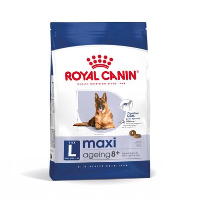 Royal Canin maxi ageing 8+ hondenvoer, size L, voor honden van 26 tot 44 kg. Tekst: Digestive health, Lifelong vitality support. Afbeelding van een Duitse herder op de verpakking.