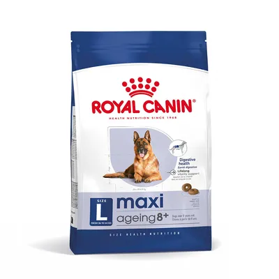 Royal Canin maxi ageing 8+ hondenvoer, size L, voor honden van 26 tot 44 kg. Tekst: Digestive health, Lifelong vitality support. Afbeelding van een Duitse herder op de verpakking.