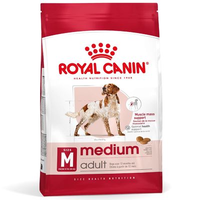 Royal Canin medium adult hundefoder, synlig tekst: Muscle mass support, size M from 11 to 25 kg, Dogs over 12 months old, billede af hund og foderpiller på posen.
