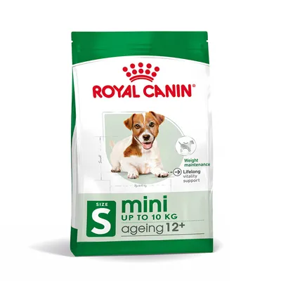 Royal Canin mini ageing 12+, size S, tot 10 kg. Tekst: Weight maintenance, Lifelong vitality support. Hondenvoer verpakking met groene accenten.
