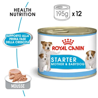 Royal Canin Starter Mother & Babydog, confezione da 12 lattine da 195 g, mousse. Testi visibili: Health Nutrition, Supporto alla prima fase della crescita. Royal Canin Starter Mother & Babydog, confezione da 12 lattine da 195 g, mousse. Testi visibili: Health Nutrition, Supporto alla prima fase della crescita.