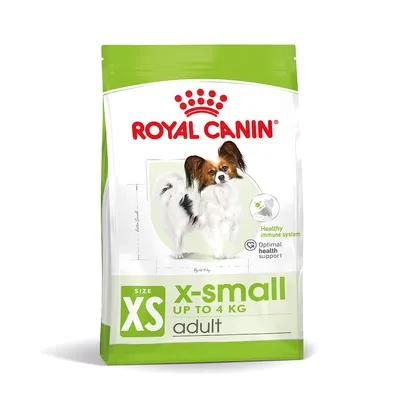 Royal Canin x-small adult hondenvoer, size XS tot 4 kg. Tekst: Healthy immune system, Optimal health support. Afbeelding van kleine hond op de verpakking.