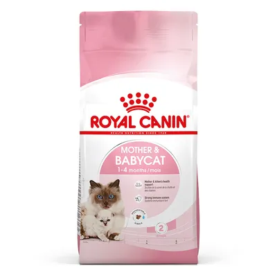 Bag labelled 'Mother & Babycat 1-4 months', with icons for mother and kitten health support, strong immune system, and easy rehydration. Stage 2 indicated on packaging.