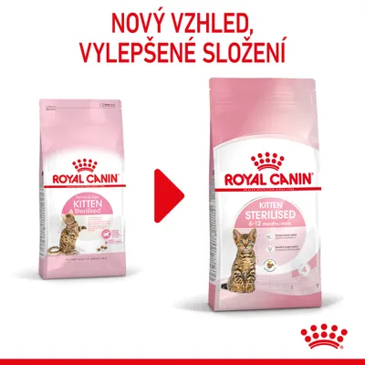 ROYAL CANIN KITTEN STERILISED – změna obalu, nový vzhled a vylepšené složení. Na obrázku starý a nový design balení s textem 'NOVÝ VZHLED, VYLEPŠENÉ SLOŽENÍ'.