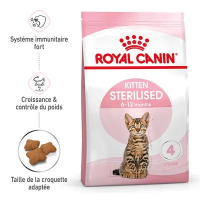 Royal Canin Kitten Sterilised 6–12 months, système immunitaire fort, croissance & contrôle du poids, taille de la croquette adaptée, sachet avec chaton et croquettes visibles.