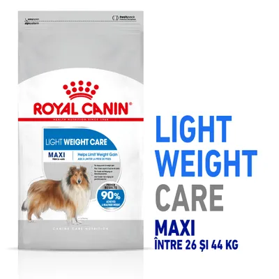 Pachet Royal Canin Light Weight Care Maxi, text vizibil: Helps Limit Weight Gain, 90% achieved a healthier weight, pentru câini între 26 și 44 kg. Imagine cu un câine pe ambalaj.