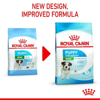 Royal Canin Puppy Mini hundefoder, før og efter: venstre pose med tekst 'Puppy Mini 10 kg', højre pose med tekst 'Puppy 2–10 months/mois Mini Adult weight up to 10 kg'. Øverst: New design, improved formula.