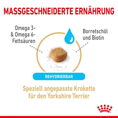 Prilagojena prehrana: posebej oblikovani briketi za Yorkshire terierja, rehidrirajoči, z omega-3 in omega-6 maščobnimi kislinami, boragininim oljem in biotinom.