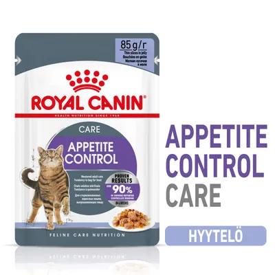 Royal Canin Appetite Control Care hyytelö, 85 g. Teksti: PROVEN RESULTS over 90% of owners reported controlled begging in 4 weeks. Kuvassa kissa ja annos hyytelöruokaa.