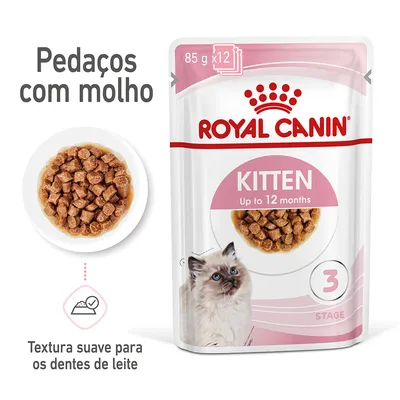 Royal Canin Kitten Up to 12 months, pedaços com molho, embalagem de 85 g x12. Textura suave para os dentes de leite. Imagem do produto e prato com comida húmida. Royal Canin Kitten Up to 12 months, pedaços com molho, embalagem de 85 g x12. Textura suave para os dentes de leite. Imagem do produto e prato com comida húmida.