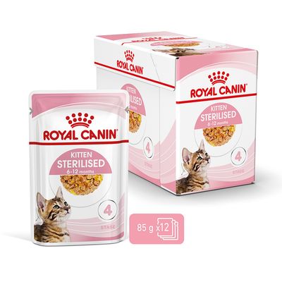 Royal Canin Kitten Sterilised 6–12 months, lot de 12 sachets de 85 g, emballage et sachet visibles avec image de chaton et mention Stage 4.