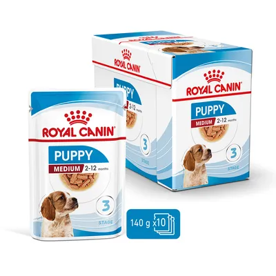 Royal Canin Puppy Medium 2-12 месеца, консервирана храна, 140 г x 10 пакета. Опаковката показва куче и изображение на храната, подходяща за растеж фаза 3.