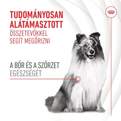 TUDOMÁNYOSAN ALÁTÁMASZTOTT ÖSSZETEVŐKKEL SEGÍT MEGŐRIZNI A BŐR ÉS A SZŐRZET EGÉSZSÉGÉT. Kutya képe, jobb felső sarokban korona szimbólum.