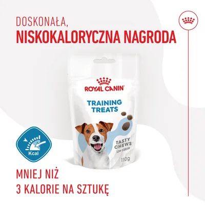Royal Canin Training Treats Tasty Chews low calorie 110 g, mniej niż 3 kalorie na sztukę, niskokaloryczna nagroda. Widoczne opakowanie z psem i symbol niskiej kaloryczności.