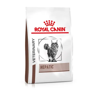 Bag labelled Royal Canin Veterinary Hepatic with an image of a cat, indicating veterinary diet food for hepatic support.