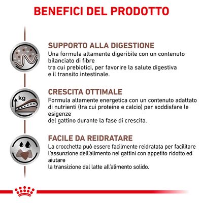 Testo: Benefici del prodotto. Supporto alla digestione, crescita ottimale, facile da reidratare. Descrizione dettagliata di ciascun beneficio per alimenti per gattini.