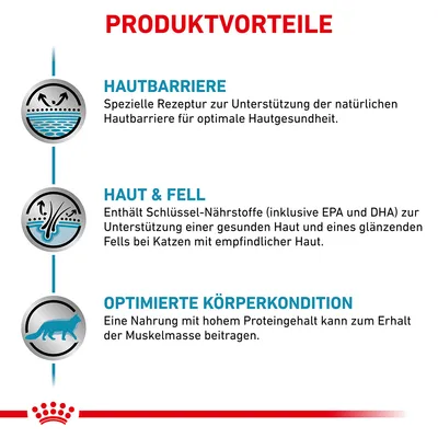 Produktvorteile: Hautbarriere für optimale Hautgesundheit, Haut & Fell mit EPA und DHA für glänzendes Fell, optimierte Körperkondition durch hohen Proteingehalt zur Erhaltung der Muskelmasse.