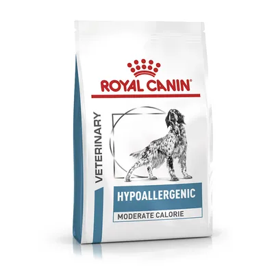 Confezione Royal Canin Veterinary Hypoallergenic Moderate Calorie con immagine di cane, testo visibile: HYPOALLERGENIC, MODERATE CALORIE, VETERINARY.