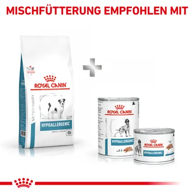 Сухой и влажный корм Royal Canin Hypoallergenic для собак. Видны упаковка сухого корма и две банки влажного корма. Текст на немецком: MISCHFÜTTERUNG EMPFOHLEN MIT.