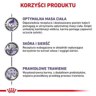 Korzyści produktu: optymalna masa ciała, skóra i sierść, prawidłowe trawienie. Opis: receptura wspiera masę ciała, wygląd sierści oraz proces trawienia u psa.