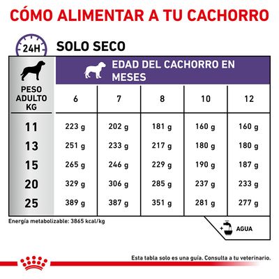 Tabla de alimentación para cachorros solo seco: peso adulto 11–25 kg, cantidades diarias según meses (6 a 12). Ejemplo: 11 kg, 6 meses: 223 g; 25 kg, 12 meses: 277 g. Energía: 3865 kcal/kg.