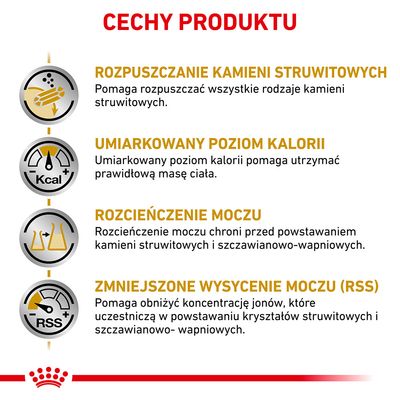 Cechy produktu: rozpuszczanie kamieni struwitowych, umiarkowany poziom kalorii, rozcieńczenie moczu, zmniejszone wysycenie moczu (RSS).
