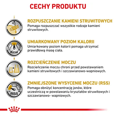 Cechy produktu: rozpuszczanie kamieni struwitowych, umiarkowany poziom kalorii, rozcieńczenie moczu, zmniejszone wysycenie moczu (RSS).