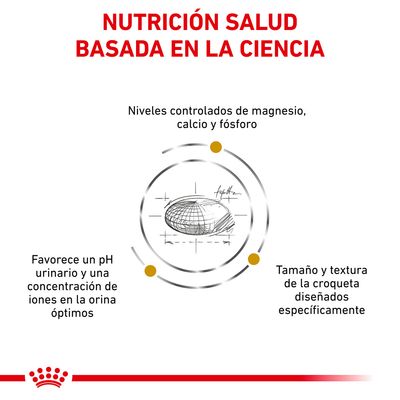 Nutrición salud basada en la ciencia. Niveles controlados de magnesio, calcio y fósforo. Favorece un pH urinario óptimo. Tamaño y textura de la croqueta diseñados específicamente.