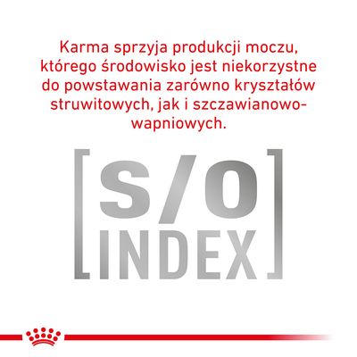 Karma sprzyja produkcji moczu, którego środowisko jest niekorzystne do powstawania kryształów struwitowych i szczawianowo-wapniowych. s/o INDEX.