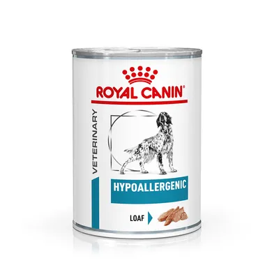 Lata de comida para perros Royal Canin Veterinary Hypoallergenic Loaf. Imagen de un perro, texto visible: HYPOALLERGENIC, LOAF.