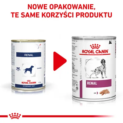Nowe opakowanie karmy Royal Canin Renal dla psów. Po lewej stare opakowanie, po prawej nowe. Napis: Nowe opakowanie, te same korzyści produktu.