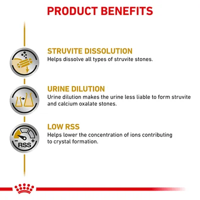 PRODUCT BENEFITS: STRUVITE DISSOLUTION, URINE DILUTION, LOW RSS. Κείμενο στα αγγλικά σχετικά με τα οφέλη του προϊόντος για τη διάλυση στρουβίτη, αραίωση ούρων και χαμηλό RSS.